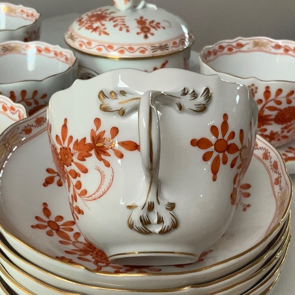🌟Host Pic!🌟Meissen Indian Red/Orange Tea/Coffee Service for 6 - Picture 4 of 8